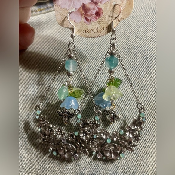 Vintage Upcycled Floral Silver Green and Blue Dangle Earrings - Picture 7 of 10